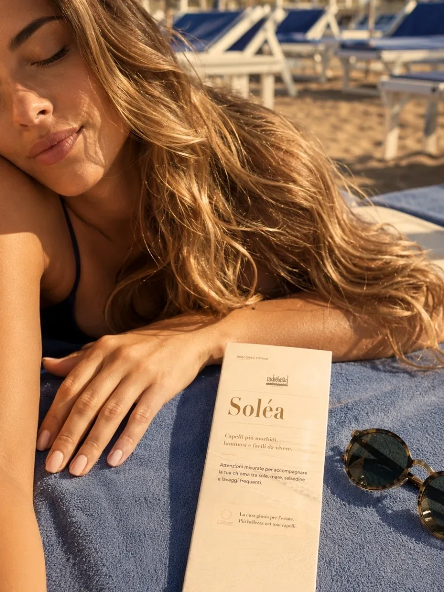 Donna in spiaggia con capelli luminosi al sole — Soléa INDIE HEAD